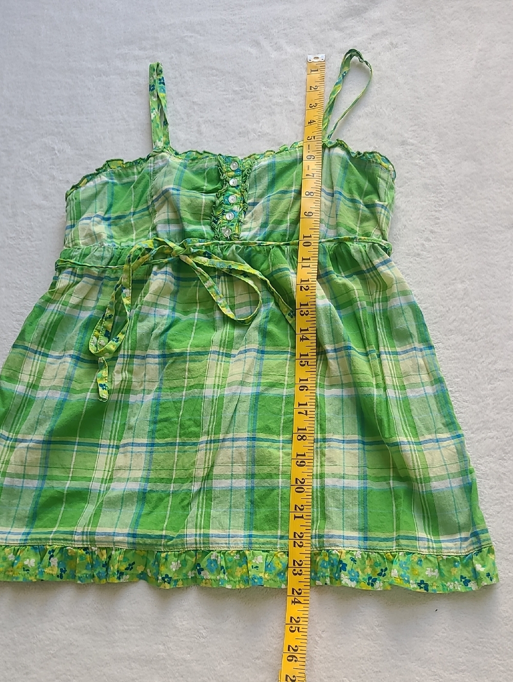 Y2K Cotton Green Plaid Smocked Waist Floral Trim Tank Picnic Summer Babydoll - Picture 3 of 5